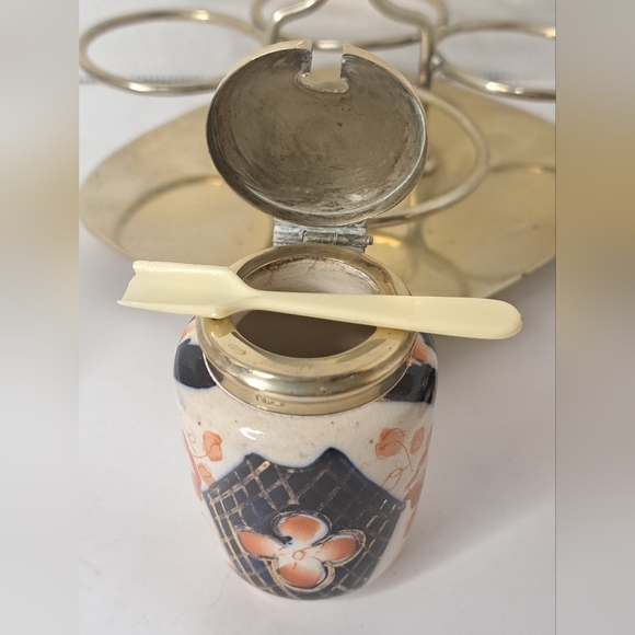 Vintage 1940's English Hand Painted Imari Style Condiment Set  EPNS Silver Plate - Picture 11 of 13